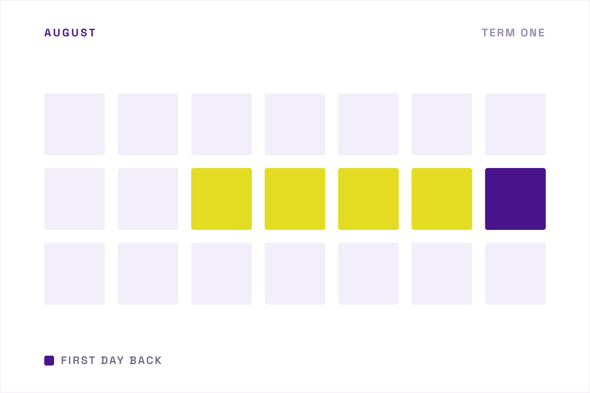 August calendar with term one beginning and the first day back marked in violet