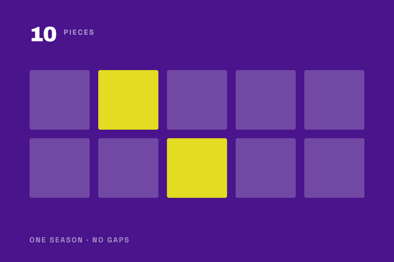 Ten squares representing a ten-piece capsule wardrobe for one season with no gaps