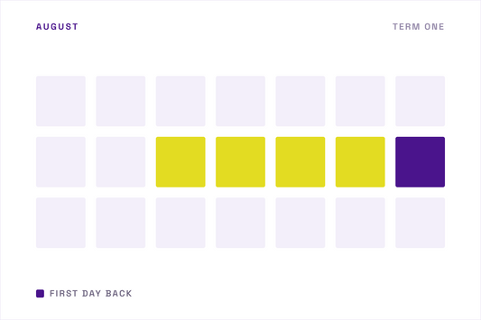 August calendar with term one beginning and the first day back marked in violet