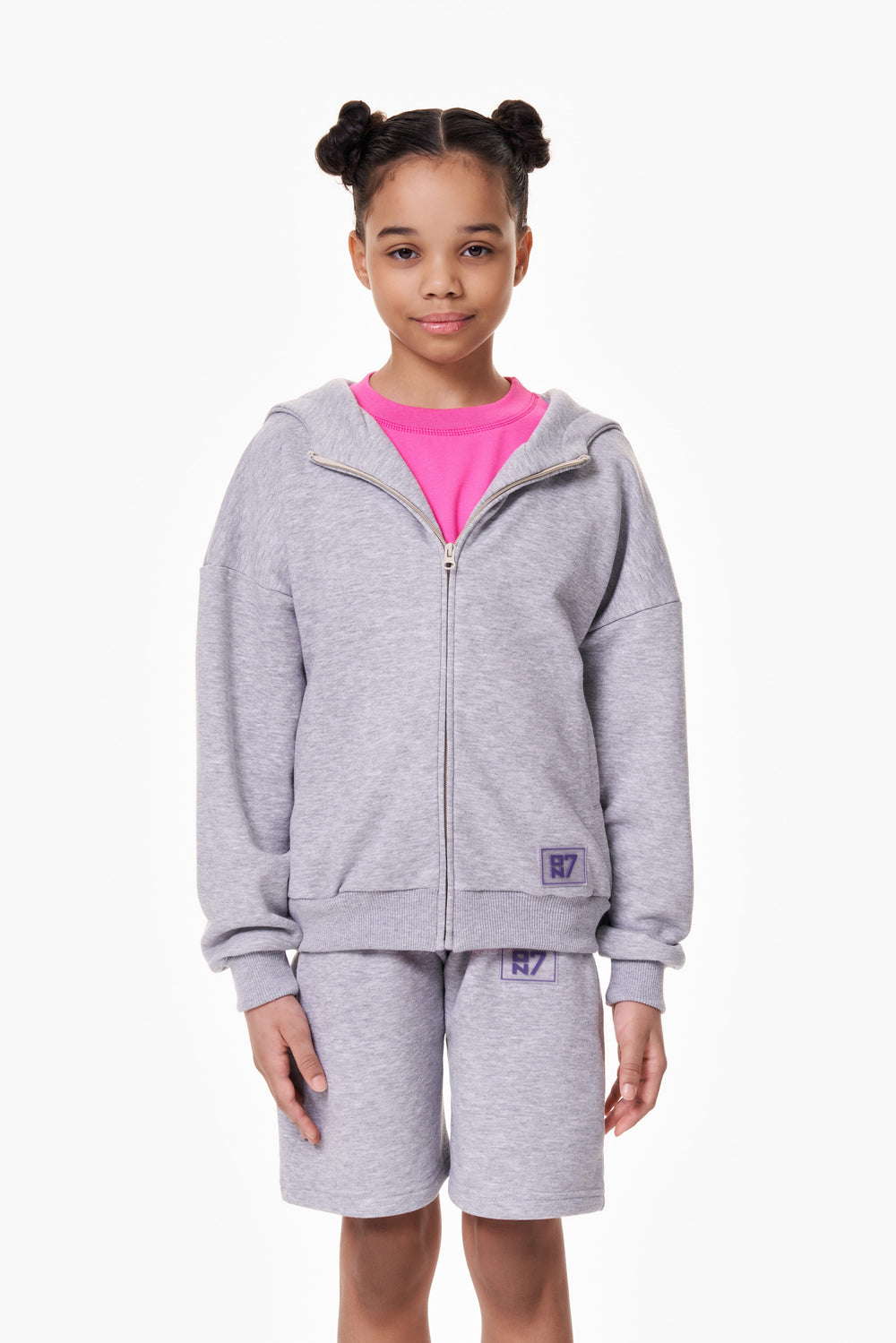 Girl wearing the ON7 Zip Hoodie in melange, view 4 of 4